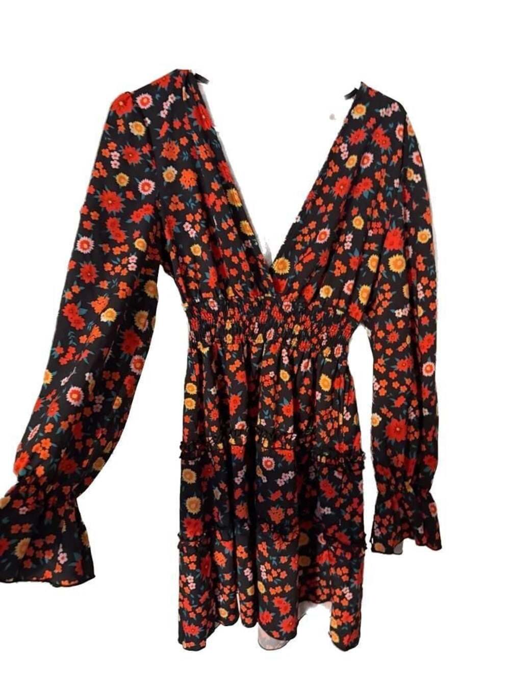 Parisian Floral Print V-Neck Long Sleeve Tiered Dress
